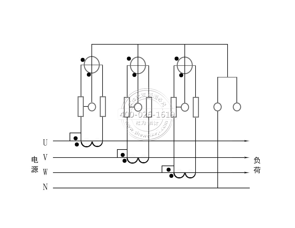 三相四線電能表電流互感器接線（電流、電壓線共用）